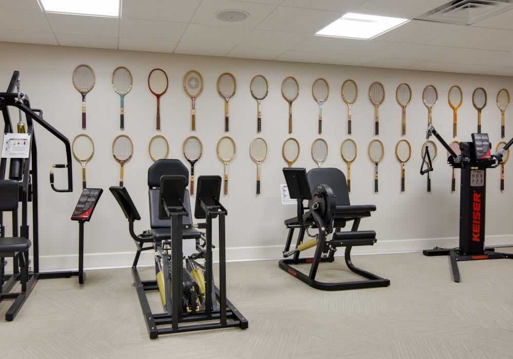 A gym room with exercise bikes and a wall decorated with tennis rackets.