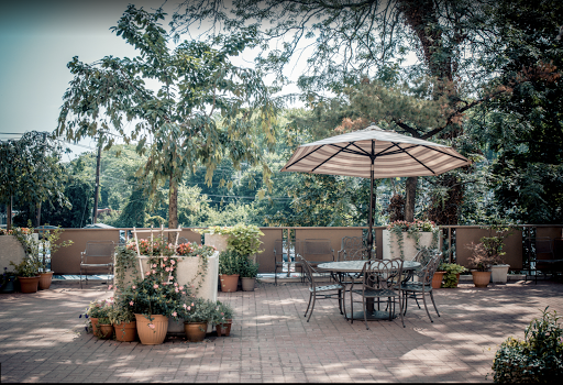 A serene outdoor patio area adorned with potted plants and a shaded table, perfect for enjoying nature.