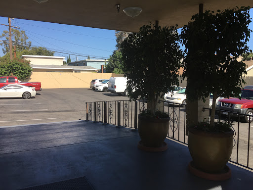 A tranquil view from a covered entrance, featuring potted plants and a glimpse of vehicles in the parking lot.