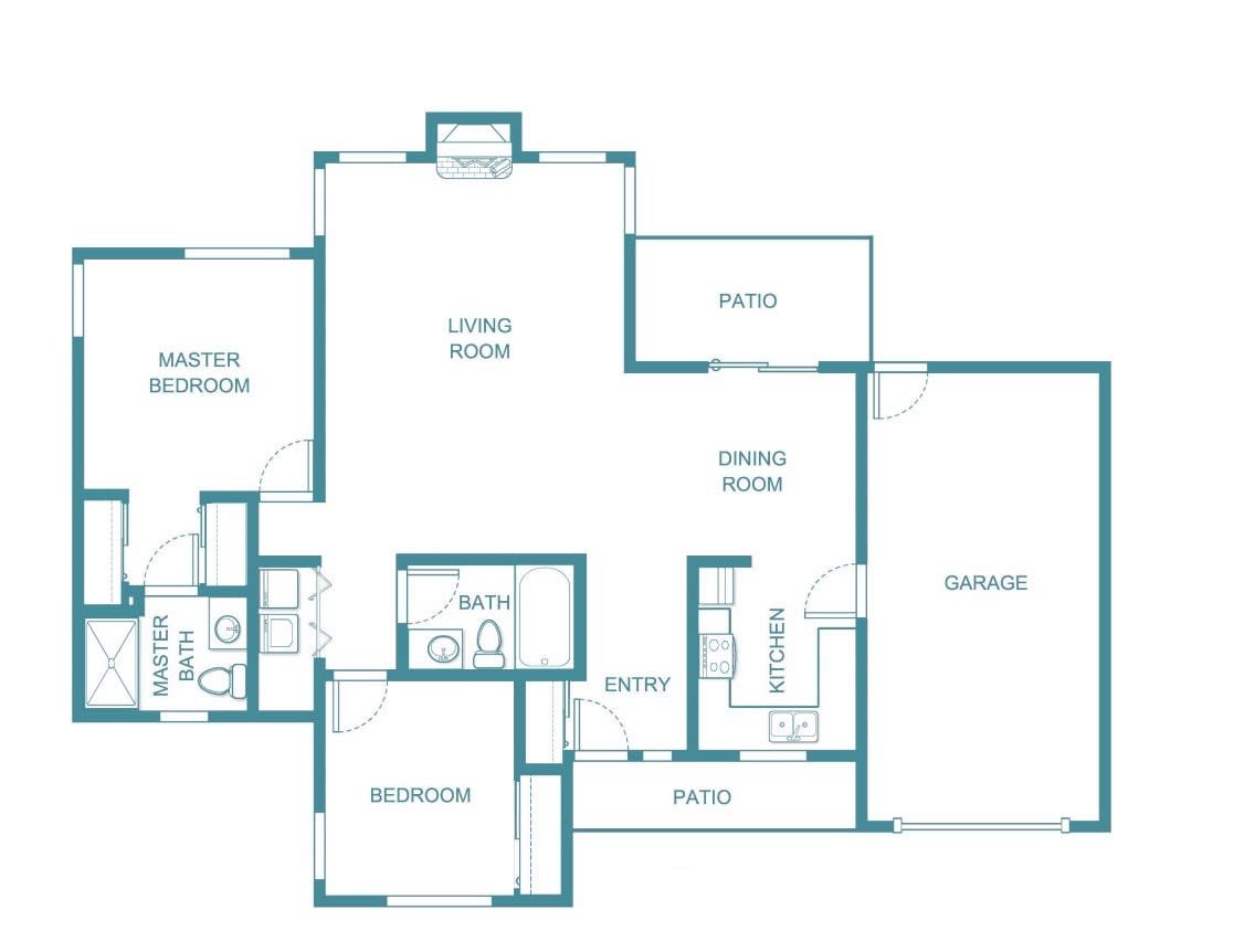 A floor plan of a house showing the layout of various rooms including bedrooms, living room, kitchen, and garage.