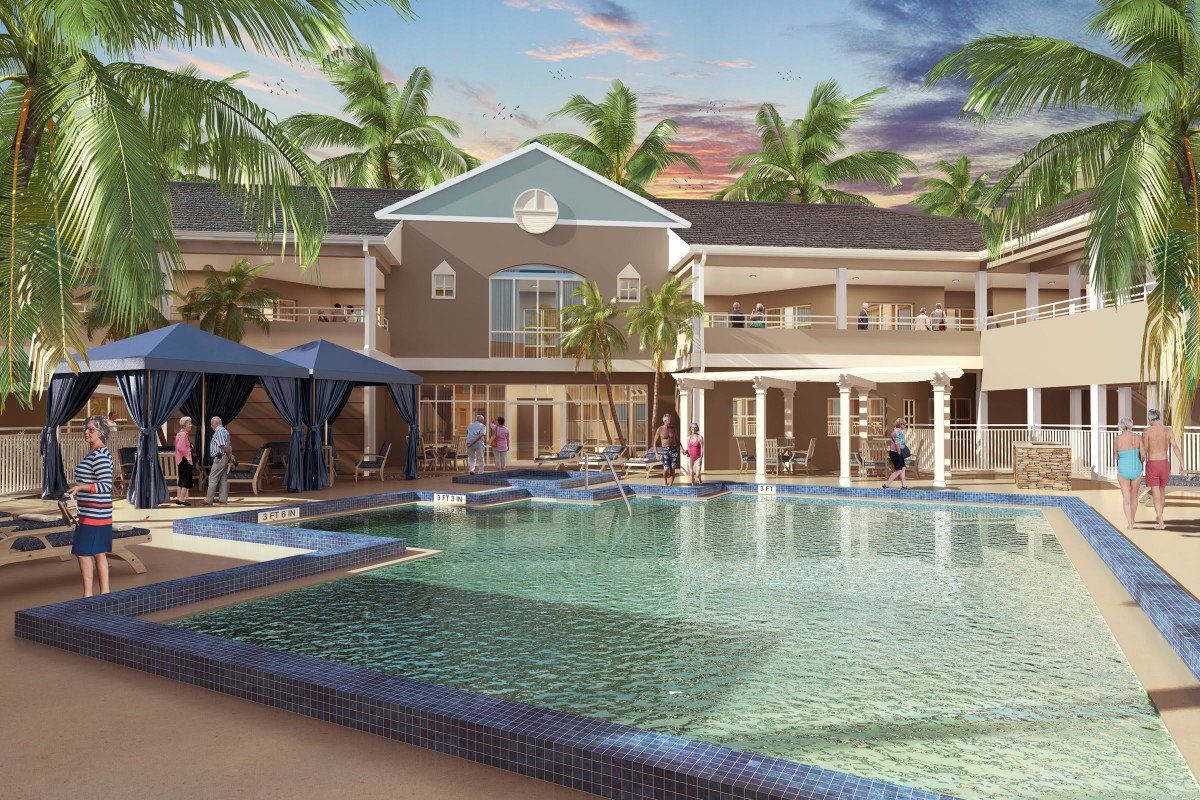 A luxurious resort with a large swimming pool and palm trees, perfect for a tropical getaway.