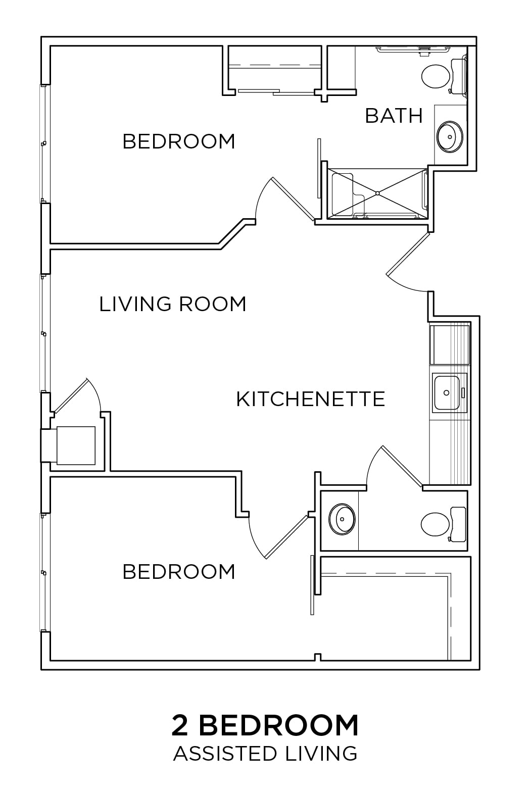 A blueprint of an apartment with two bedrooms, a living room, and a kitchenette.