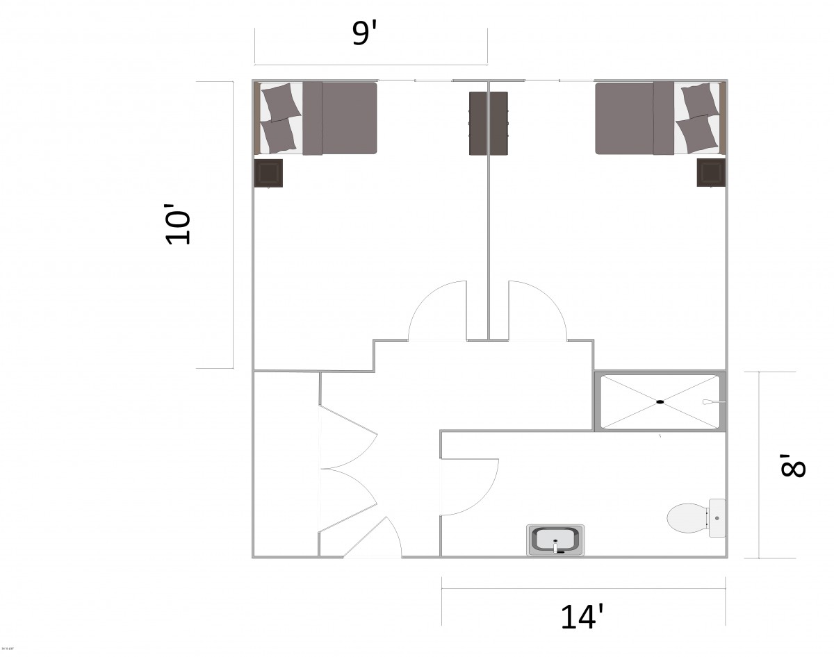 A simple floor plan showing dimensions of a room layout with two areas labeled as 9' by 10' and 14'.