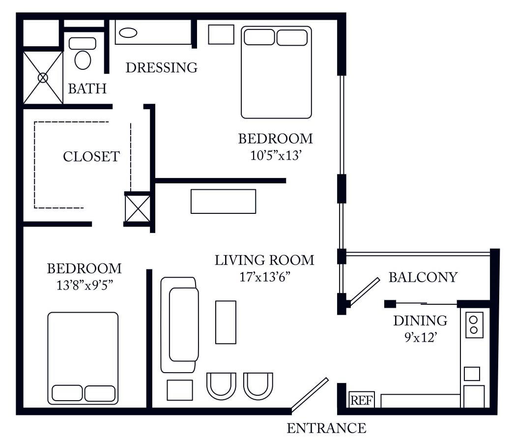 A floor plan of a two-bedroom apartment featuring a living room, dining area, balcony, bathroom, and closet space.