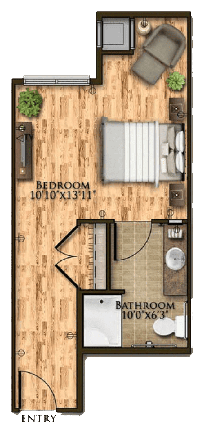 A floor plan depicting a bedroom and bathroom layout.