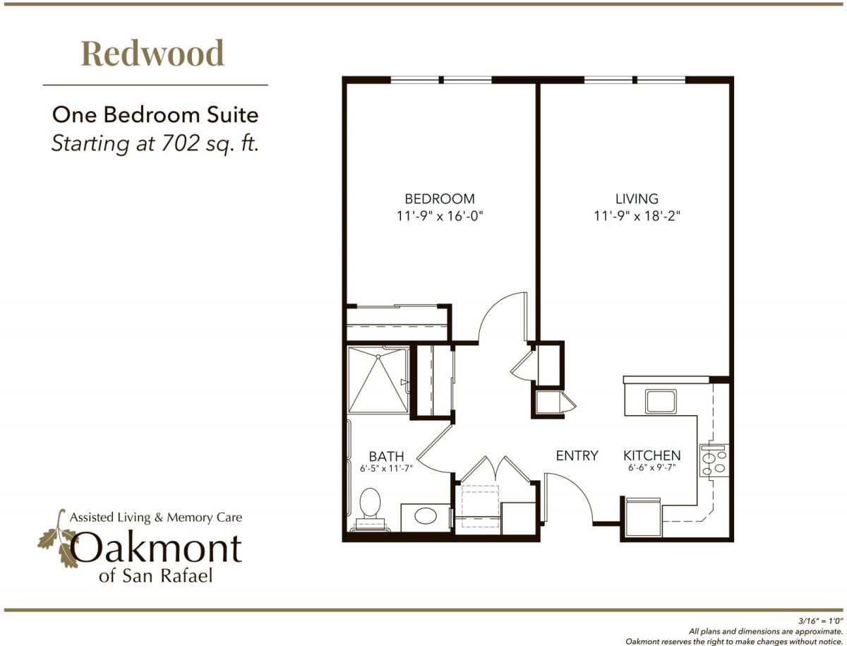 Floor plan of a one-bedroom suite with separate living room, kitchen, and bathroom.