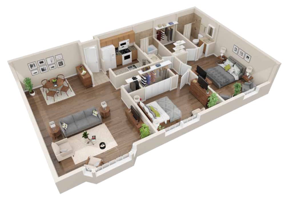A 3D rendered floor plan of a modern apartment featuring two bedrooms, a living room, kitchen, and bathroom.