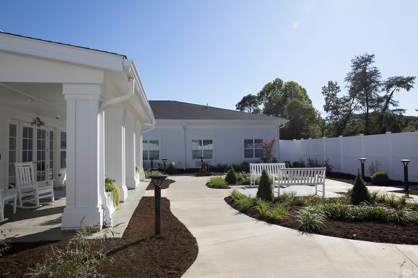 A sunny outdoor space with a garden and a walkway leading to a building.
