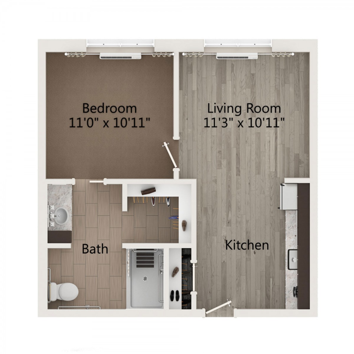 Floor plan of a one-bedroom apartment featuring a living room, kitchen, and bathroom.
