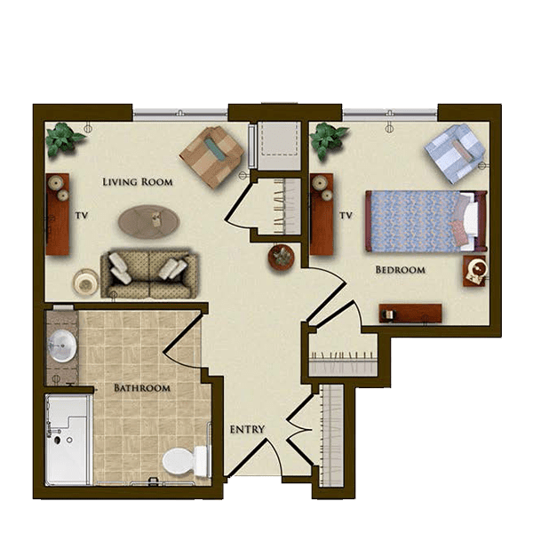 A detailed floor plan of a one-bedroom apartment with labeled rooms, including a living area, bedroom, kitchen, and bathroom.