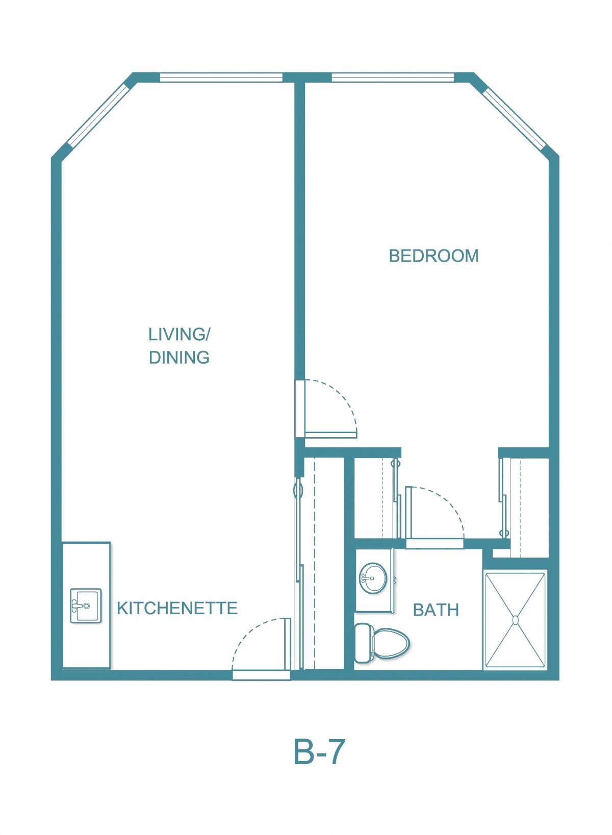 A simple one-bedroom apartment floor plan with a living area, kitchenette, and bathroom.