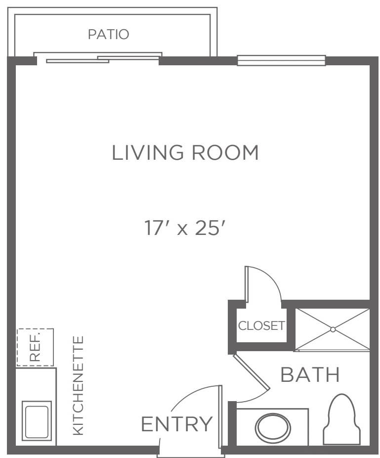 Studio apartment floor plan with living room, kitchenette, and bathroom layout.
