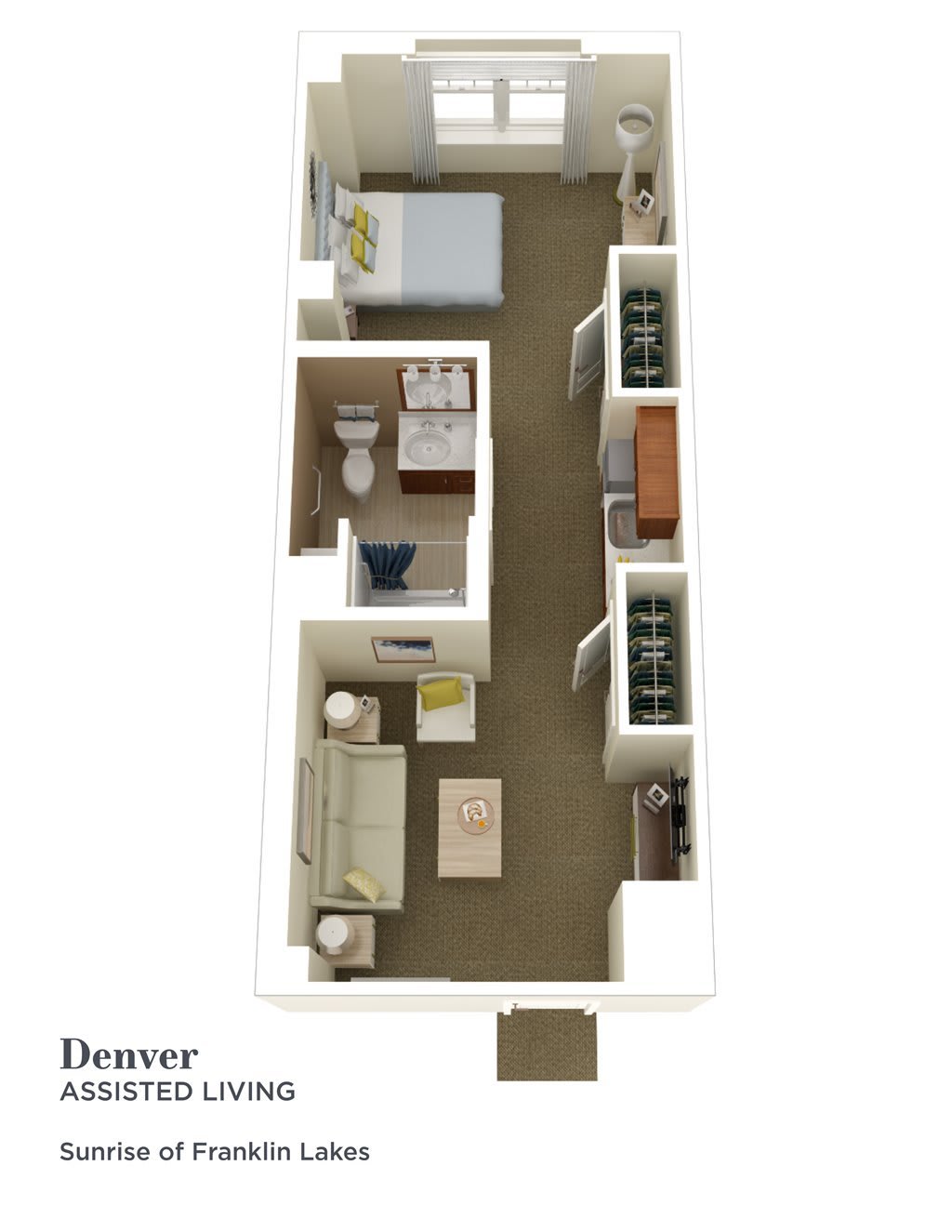 3D floor plan of a one-bedroom apartment featuring a living room, kitchen, bathroom, and bedroom.