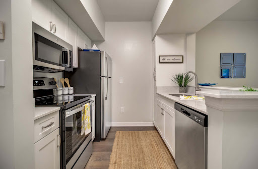 A sleek modern kitchen featuring stainless steel appliances and minimalist white cabinetry.