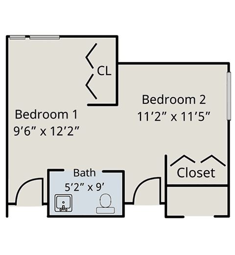 A floor plan showing two bedrooms and a bathroom layout.
