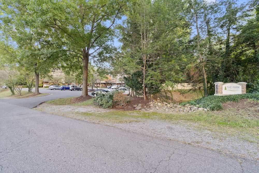 A scenic outdoor view with trees lining a road and parked cars in the background.
