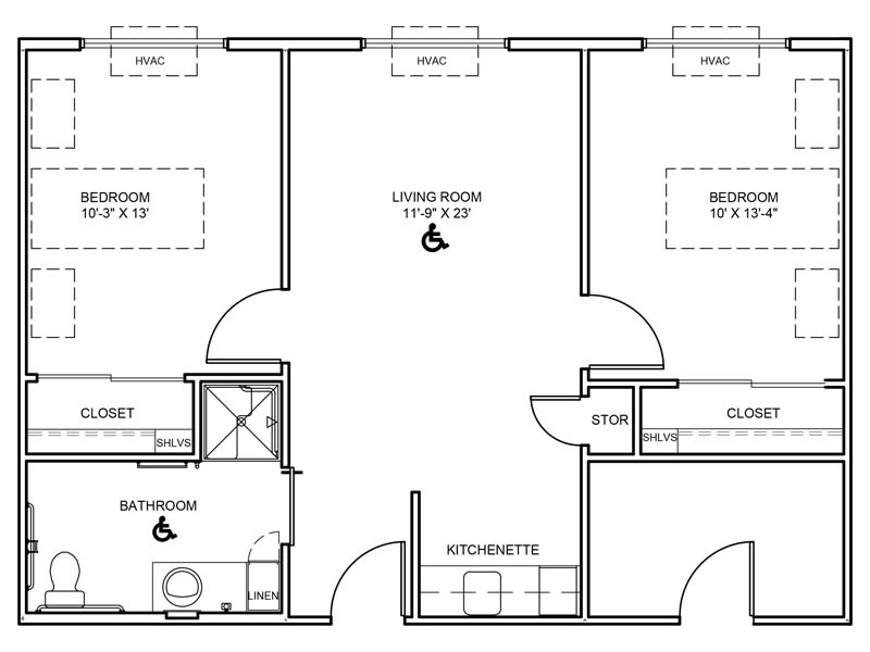 A floor plan showing the layout of an apartment with living room, bedrooms, kitchenette, and bathroom.