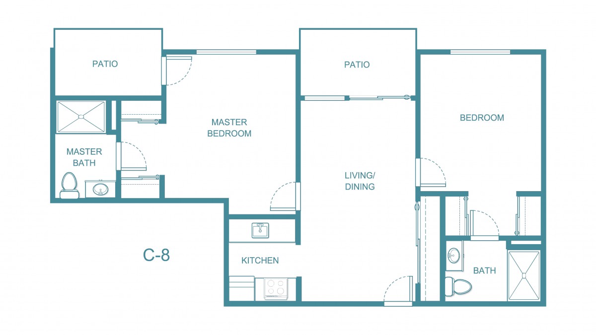 A blueprint layout of a one-bedroom apartment with kitchen, living space, bathroom, and patio.