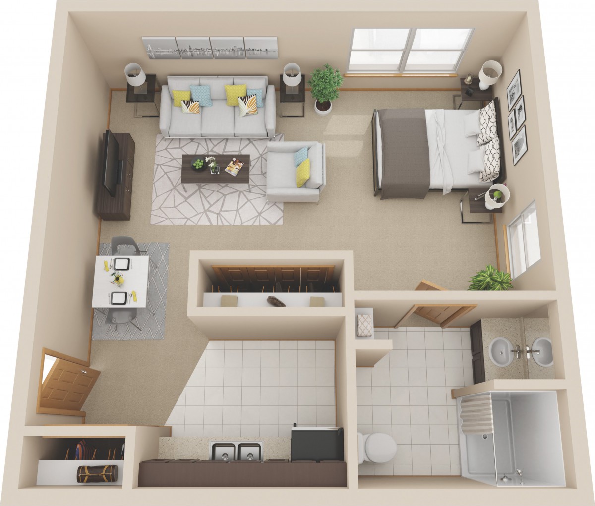A 3D floor plan of a compact apartment featuring a living room, bedroom, kitchen, and bathroom.