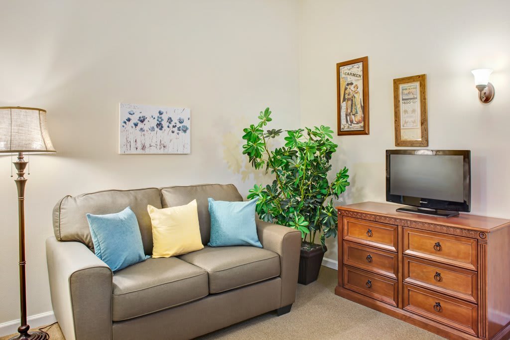 A cozy living room with a sofa adorned with colorful pillows, a television on a wooden stand, and decorative wall art.