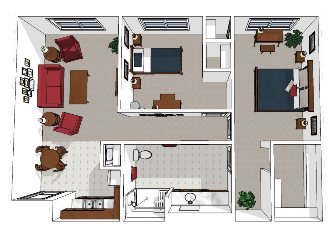 A 3D rendered floor plan of a residential apartment showing the layout of rooms and furniture.