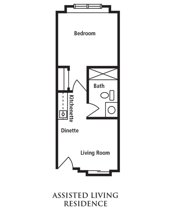 A floor plan of a small apartment featuring a bedroom, bath, kitchenette, dinette, and living room.