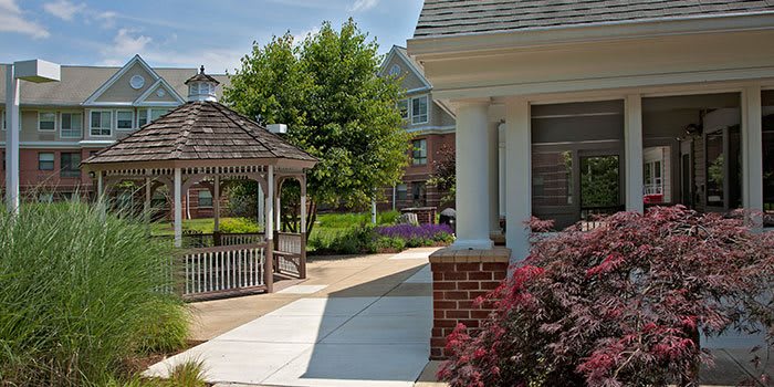 A serene garden view featuring a gazebo, pathway, and vibrant greenery in a residential area.