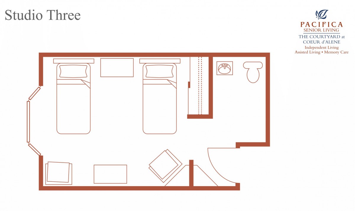 Floor plan of a bedroom with twin beds and an en-suite bathroom.