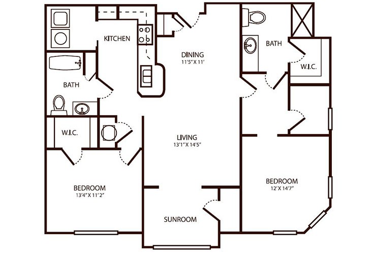 A detailed floor plan of a two-bedroom apartment with labeled rooms and dimensions.