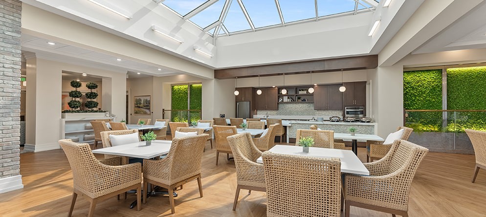 A modern dining area with natural lighting, featuring wicker chairs and a skylight.