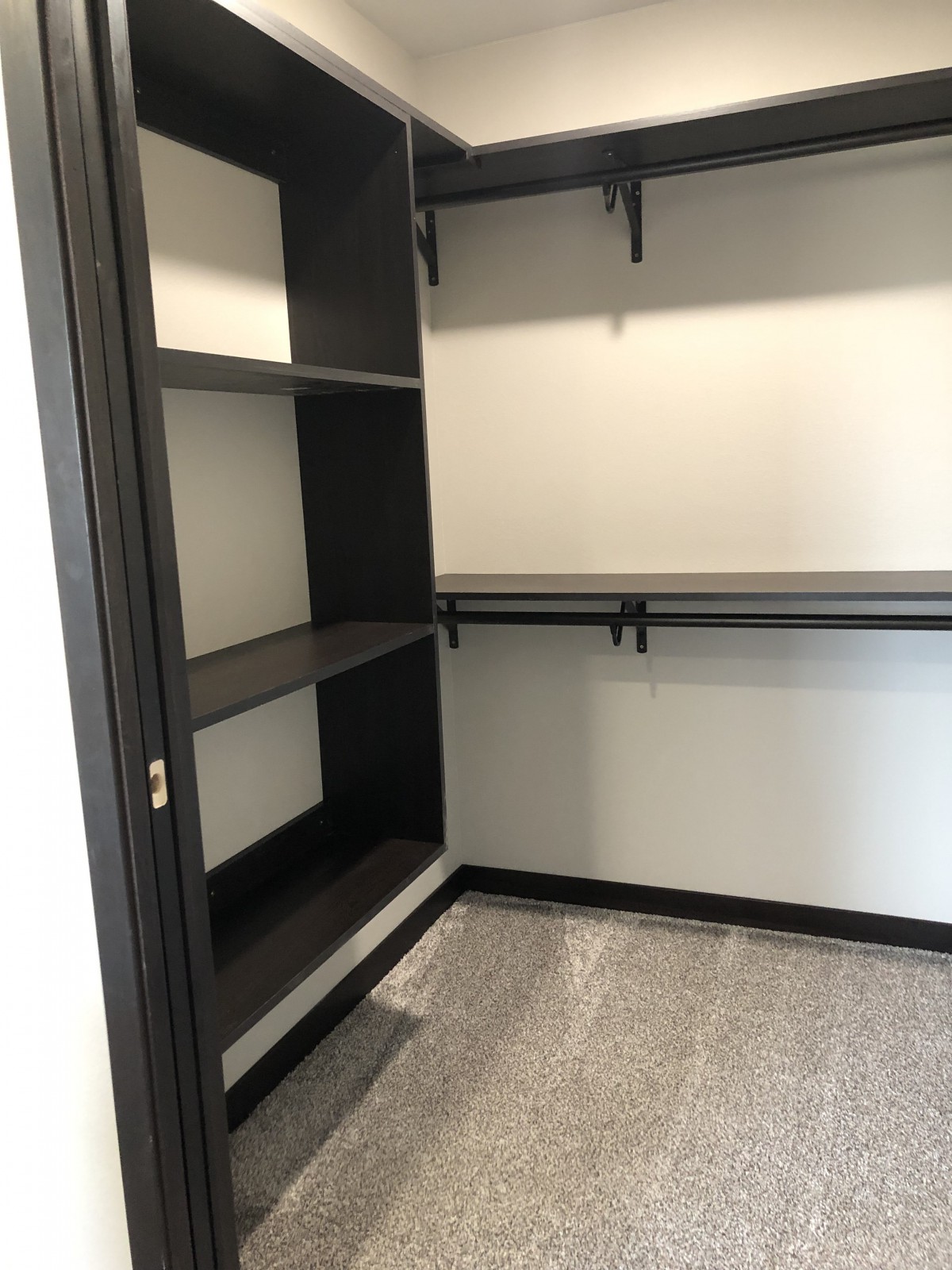 An empty walk-in closet with built-in shelving and hanging rods.