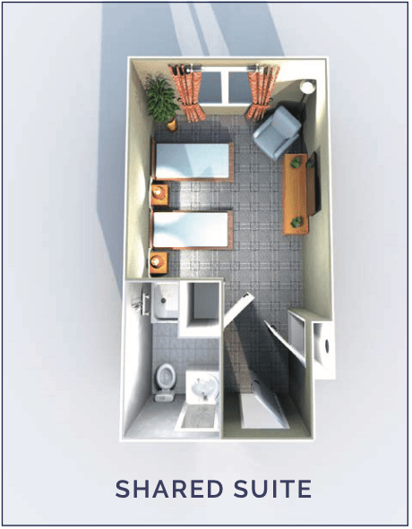 Aerial view of a compact room layout with twin beds and a small bathroom.