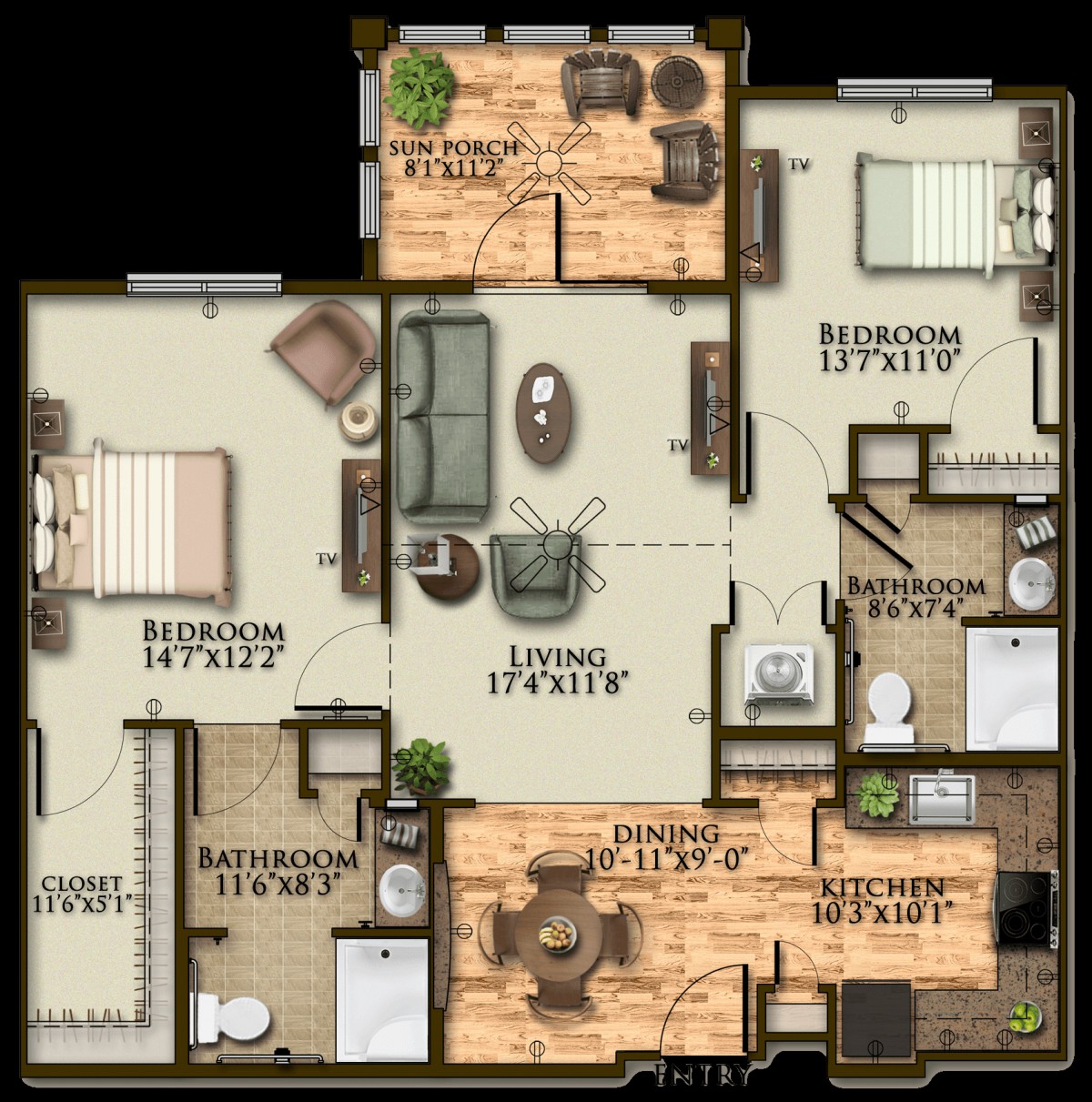 Floor plan of a 3-bedroom apartment with detailed room layouts.
