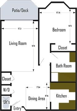 Blueprint of a one-bedroom apartment layout showing the living room, bedroom, bathroom, closets, and a washer/dryer area.