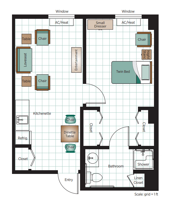 A simple one-bedroom apartment floor plan featuring a living room, kitchen, bathroom, and designated furniture layout.