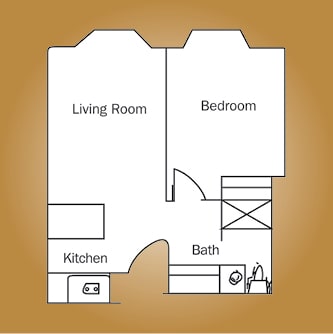 A simple floor plan of an apartment showing the living room, bedroom, kitchen, and bathroom.
