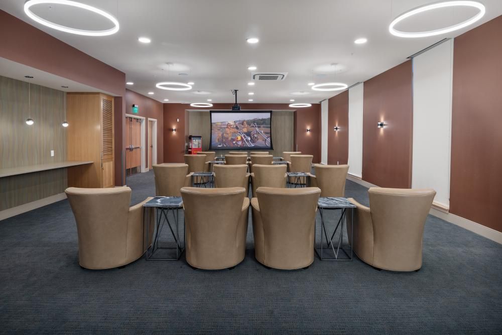 A modern theater-style room with comfortable seating and a large screen, designed for presentations or entertainment.