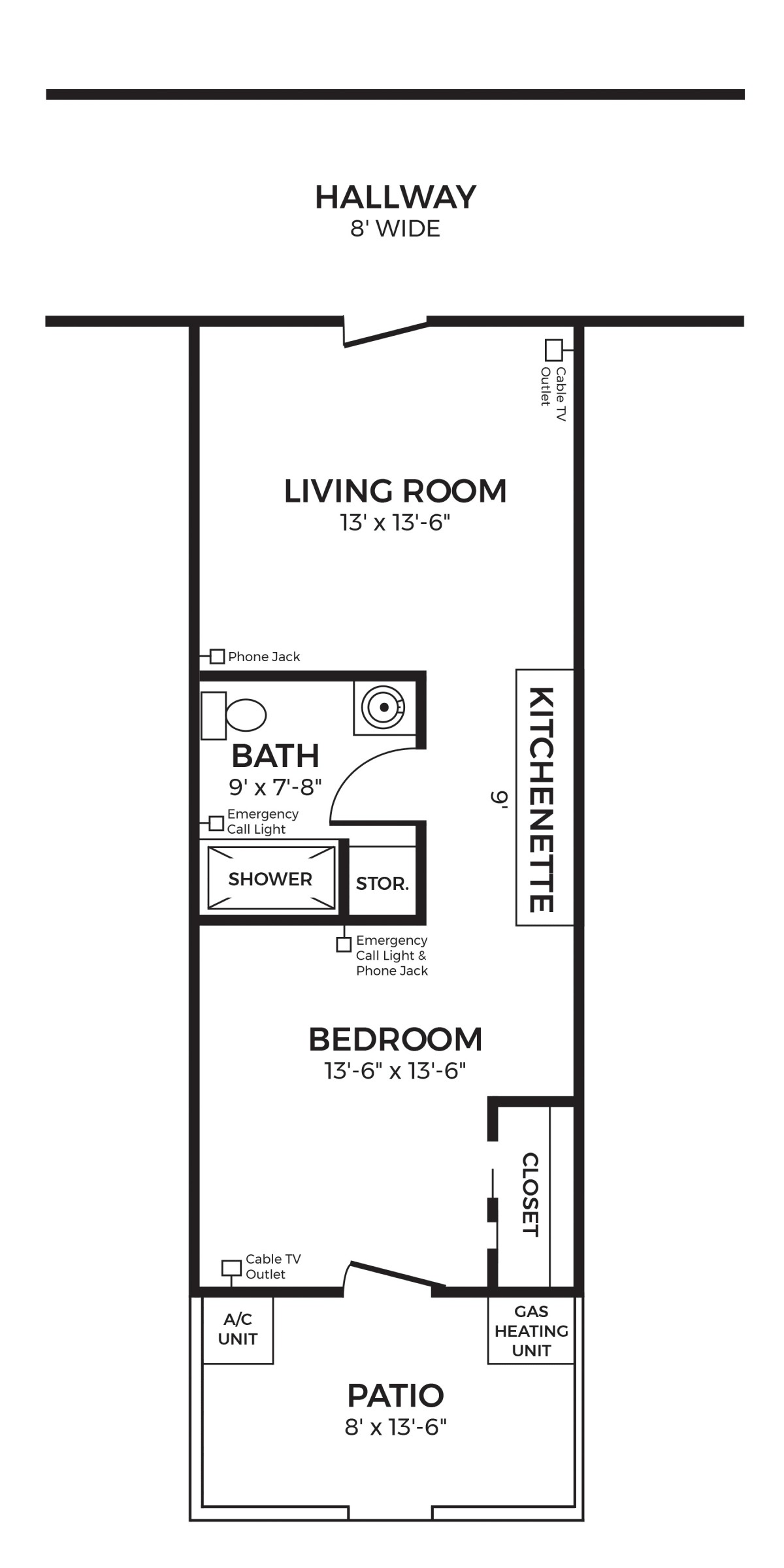 A floor plan showing a living room, bedroom, bathroom, and kitchenette.