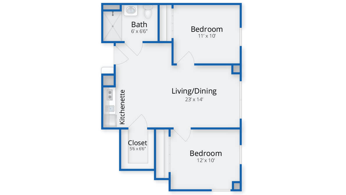 A floor plan of a two-bedroom apartment with a bathroom, kitchenette, and living/dining area.