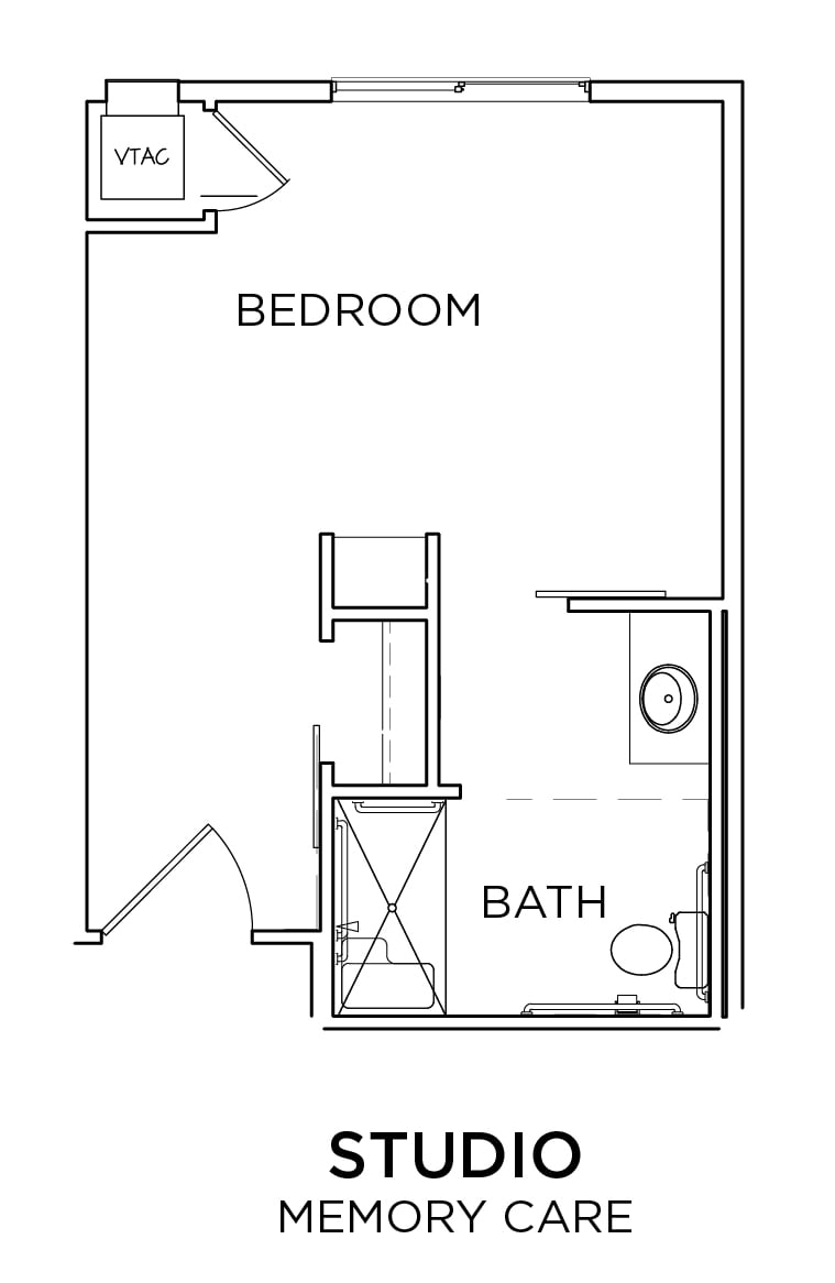 A simple floor plan depicting a bedroom and an adjoining bathroom.