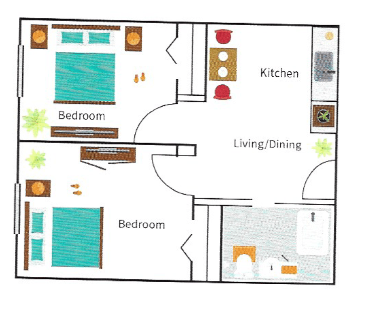 A floor plan of a two-bedroom apartment with a kitchen, living/dining area, and bathroom.