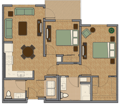 A detailed floor plan of an apartment showcasing two bedrooms, a living room, kitchen, and bathrooms.