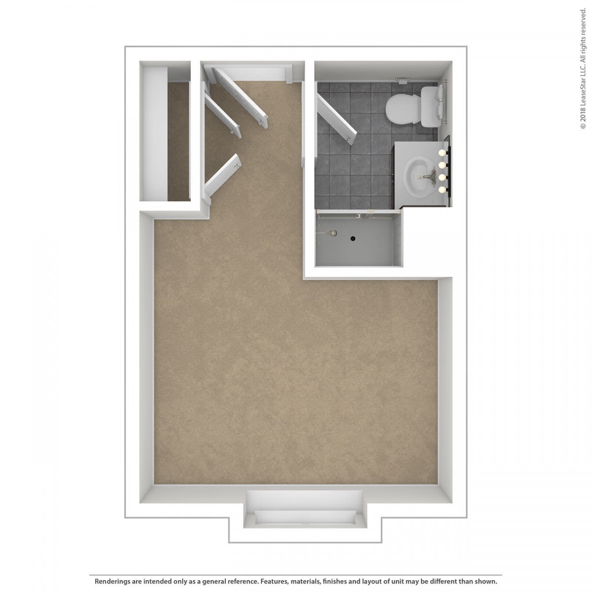 A floor plan of a studio apartment featuring a main living area and a bathroom.