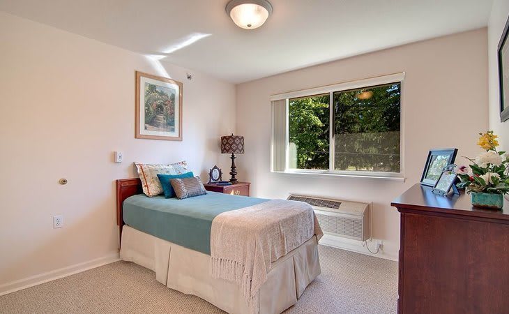 A cozy bedroom with a single bed, decorative pillows, and a large window allowing natural light to fill the room.