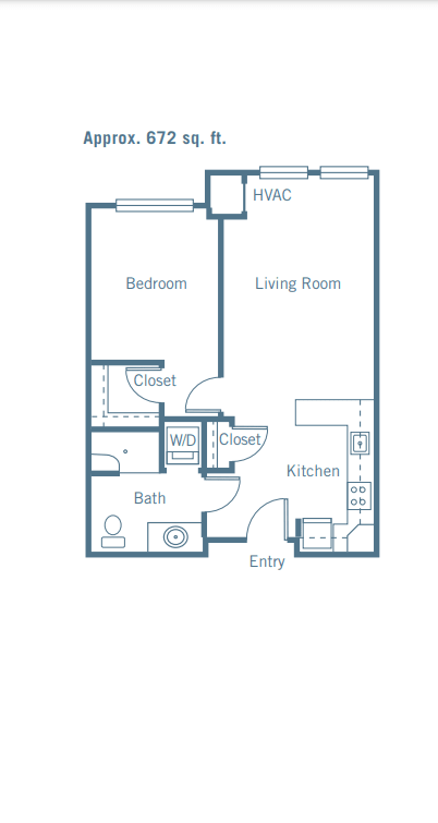 A floor plan of a one-bedroom apartment featuring a kitchen, living room, bathroom, and closet.