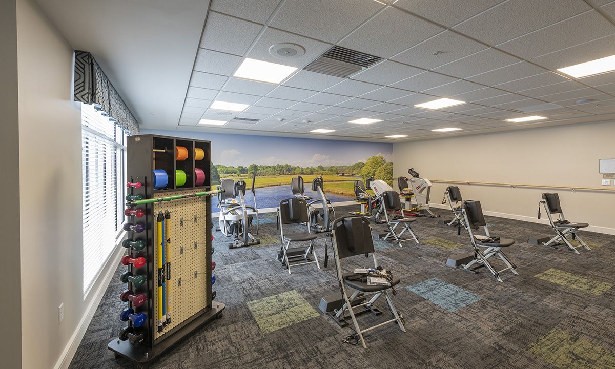 A fitness room equipped with exercise chairs and colorful dumbbells.
