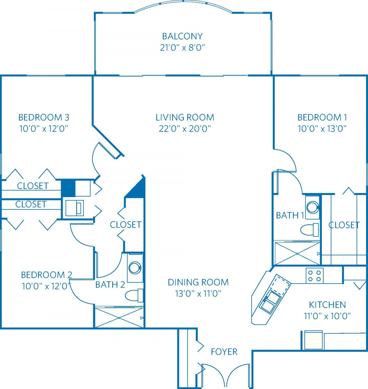 A floor plan of a three-bedroom, two-bathroom apartment, featuring a living room, dining area, and balcony.