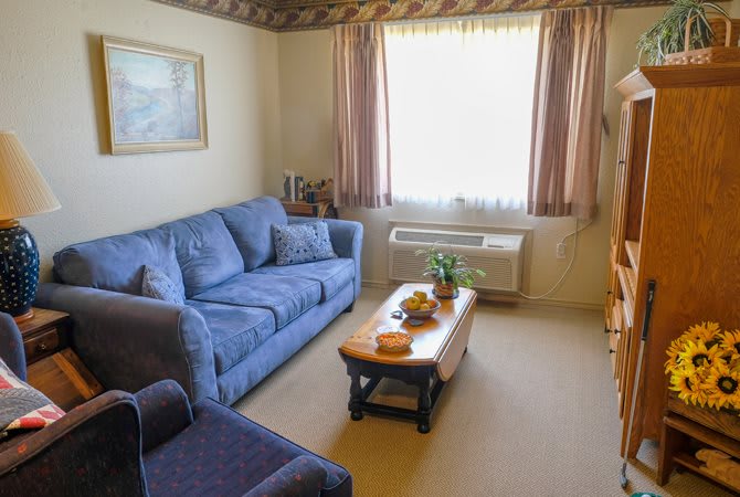 A cozy living room with a blue sofa and a wooden coffee table.