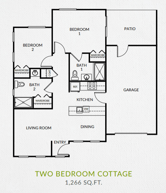 Two-bedroom cottage floor plan with living room, kitchen, dining area, and garage.