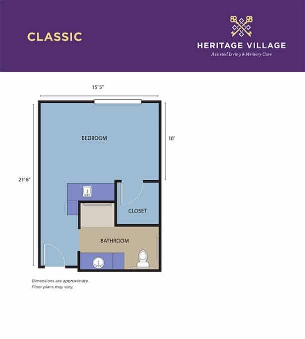 A floor plan layout for a classic apartment at Heritage Village, showing dimensions and room arrangement.